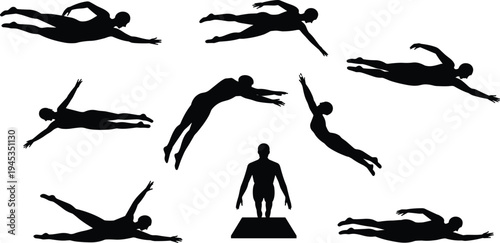 Swimming dive and freestyle silhouettes collection, swimmer jumping into water and swimming strokes, aquatic sport vector illustration set