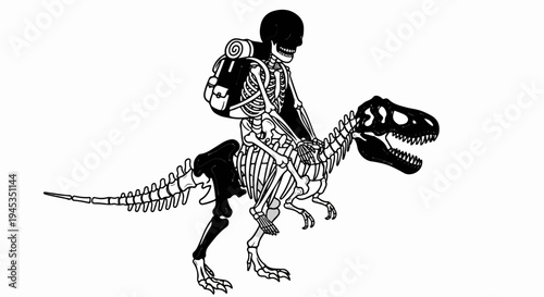Skeleton hiker rides a dinosaur skeleton with a backpack