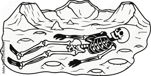 Skeleton embedded in a volcanic landscape with smoking peaks