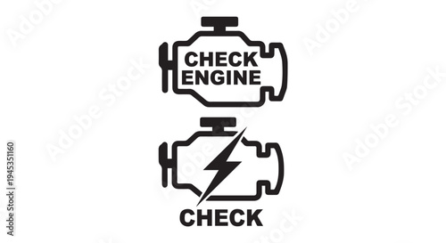 Black and white icons of check engine and generic warning lights for car dashboard