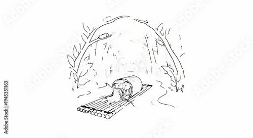 Sketch of a bamboo raft with supplies in a forest clearing