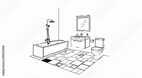 Sketch of a bathroom with bathtub, sink, toilet, and mirror
