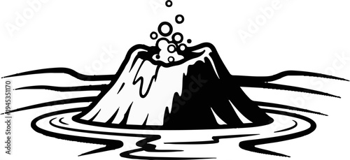 Stylized black and white drawing of a bubbling volcano erupting into water