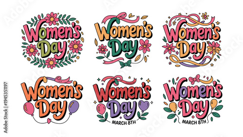 A collection of colorful Women's Day stickers with floral designs and typography on a white background