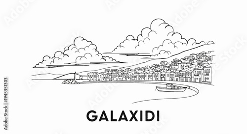 Sketch of a coastal town with a lighthouse and boat under cloudy skies