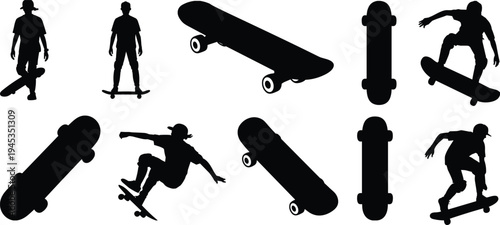 Skateboarder and skateboard silhouettes set, extreme street sport tricks collection, skater action poses, urban skateboarding vector icons isolated