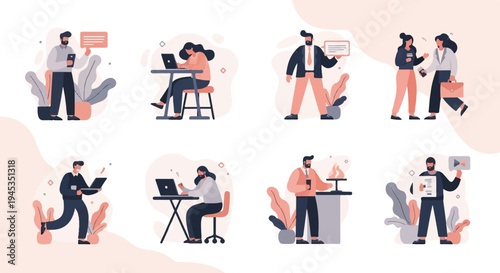 Diverse individuals engage in various work-related activities, conveying modern professionalism