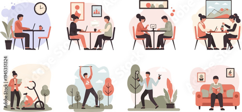 Diverse daily activities working, exercising, socializing, and relaxing at home