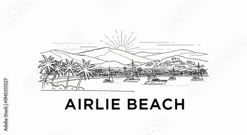 Sketch of a coastal town with palm trees, boats, mountains, and a bright sun