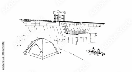 Sketch of a dam with a tent and people in a raft