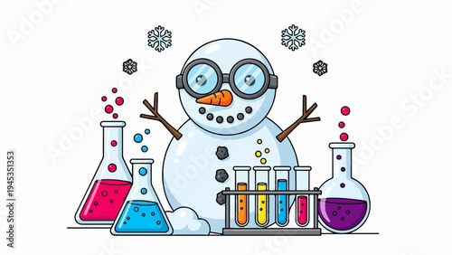 Cartoon snowman in goggles with science beakers and colorful liquids
