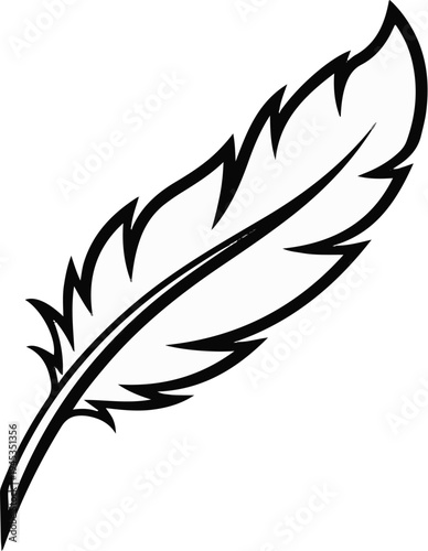Stylized black and white drawing of a single quill feather on a white background