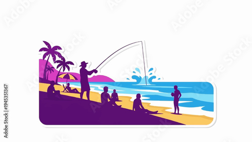 Colorful silhouettes of people enjoying a beach day with fishing and relaxation