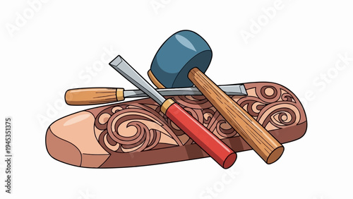 Carving tools rest on ornately carved wood