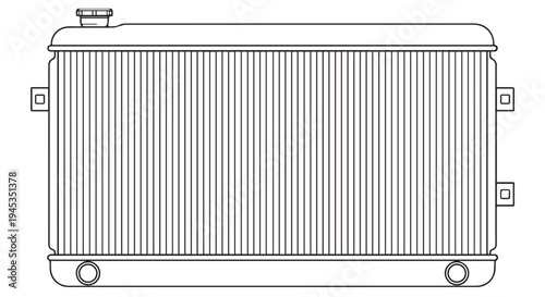 Line drawing of a clean radiator with tubes and caps, industrial heating element