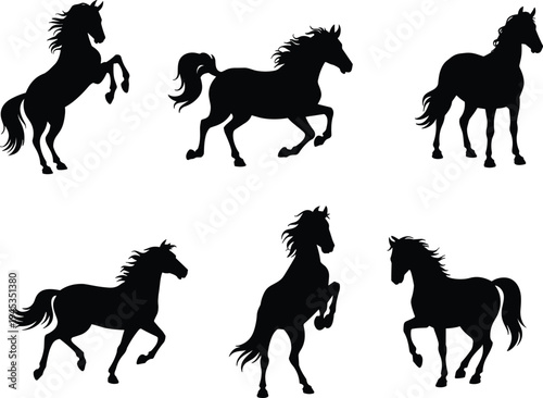 Set of running and rearing horse silhouettes, black stallion collection, wild mustang poses, equine vector shapes, isolated animal icons bundle