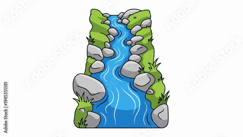 Cartoonish depiction of a flowing stream surrounded by grass and rocks