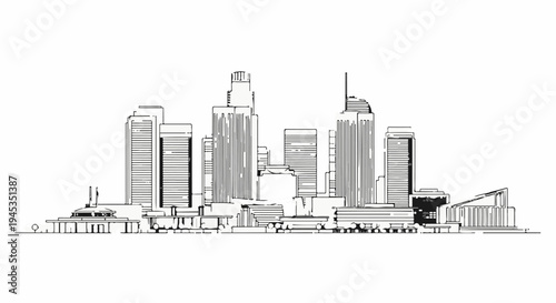 Stylized black and white drawing of a dense urban cityscape with various high-rise buildings