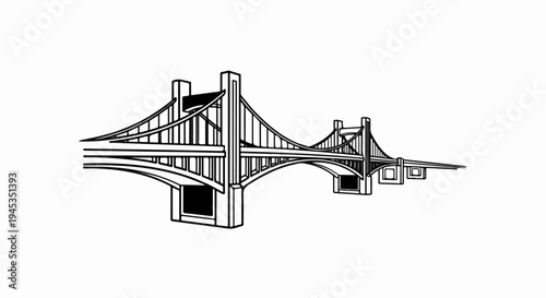 Stylized black and white drawing of a suspension bridge crossing