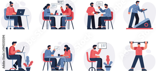 Diverse individuals engage in work, fitness, and communication activities