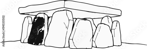 Simple line drawing of a megalithic tomb with a dark shaded stone