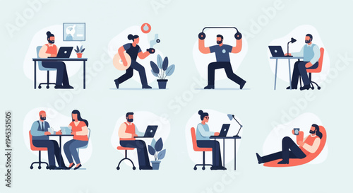 Diverse individuals engage in work, exercise, and relaxation in a modern setting