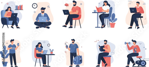 Diverse individuals engaged in modern daily activities like work, study, and fitness