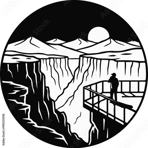 Silhouetted figure observes a vast canyon vista under a sunlit sky