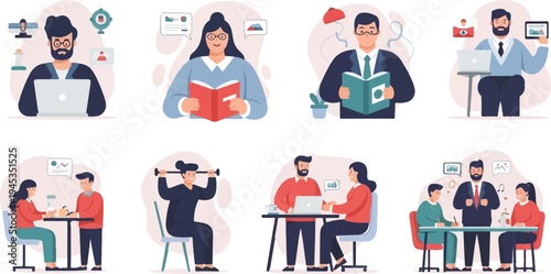 Diverse individuals engage in work, learning, fitness, and collaborative meetings