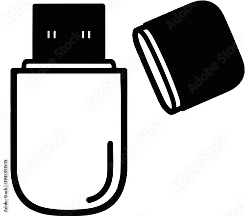 Simple black and white graphic of a USB flash drive with its cap off