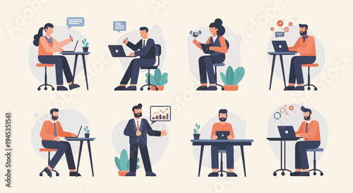 Diverse individuals engaged in modern office work and data visualization activities