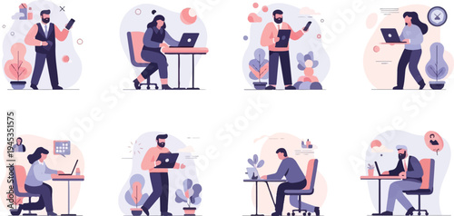 Diverse individuals engaged in modern office work activities, including laptops and phones