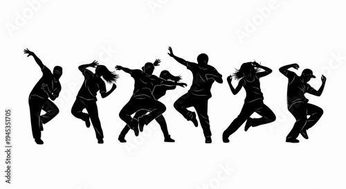 Silhouettes of seven diverse dancers frozen in dynamic, energetic poses on white