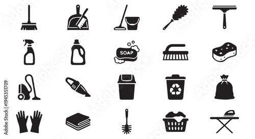 Collection of 20 monochrome cleaning icons in 4x5 grid, including tools and supplies