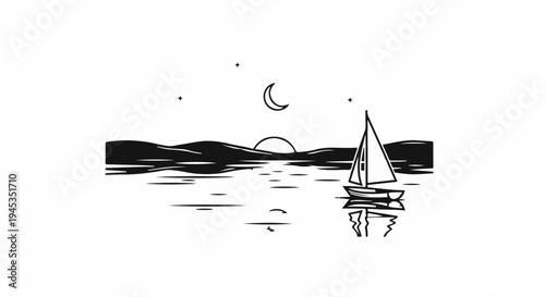 Sailboat on water under moon and stars with rolling hills