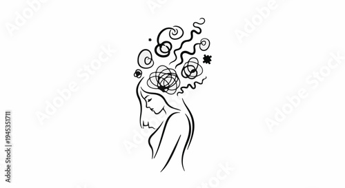 Silhouette of a pensive woman with abstract thoughts swirling above her head