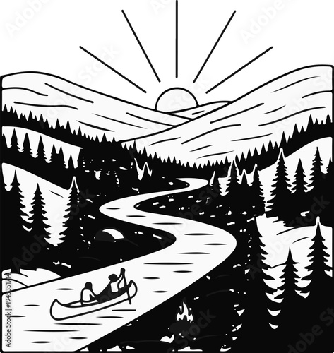 Silhouette of a serene landscape with sun, river, trees, and canoeists