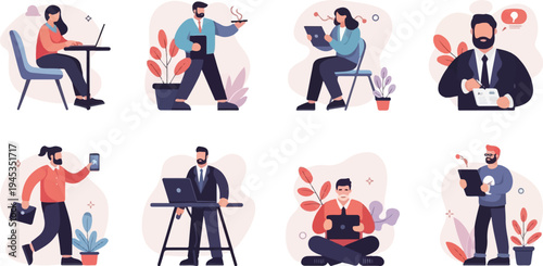 Diverse individuals engaged in modern work and leisure activities