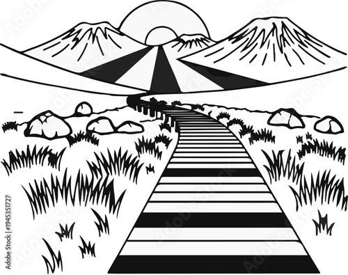 Striking perspective of a striped path leading towards majestic mountains under a sunrise