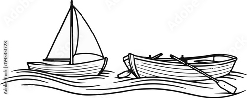 Sailboat and rowboat floating on wavy water, line art