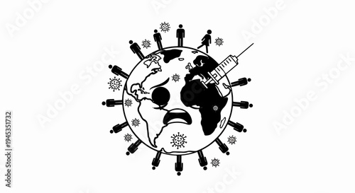 Sad planet with humans and viruses surrounded, syringe injects