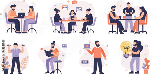 Diverse group of people engaging in various activities like working, reading, and exercising