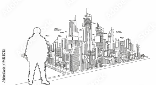 Silhouette of a person facing a futuristic city with flying vehicles