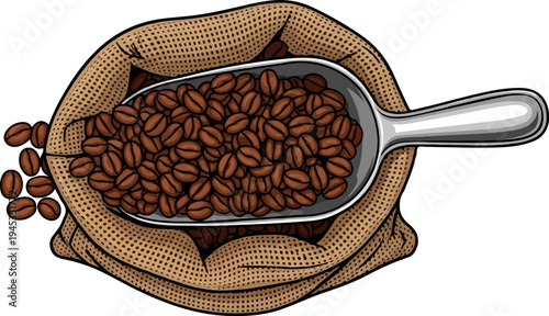 Sack of coffee beans with a scoop full of roasted beans