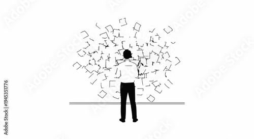 Silhouette of a person in front of a chaotic cloud of documents