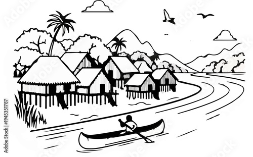 Scenic tropical village with stilted huts along a winding river, mountains, and a lone canoeist