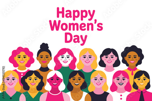 A diverse group of women celebrating Happy Women's Day with smiles and colorful hair