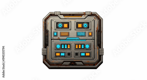 Rusty sci-fi control panel with illuminated buttons and gauges