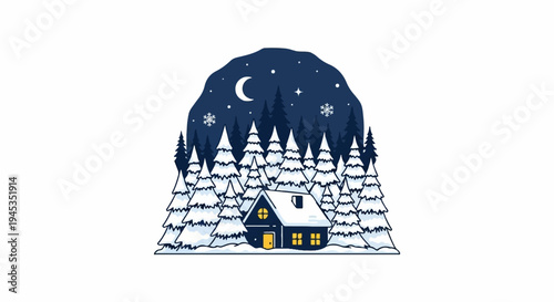 Cozy cabin nestled in a snowy forest under a crescent moon and starry night