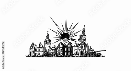 Ruined cityscape with mushroom cloud explosion, tank, churches, and houses